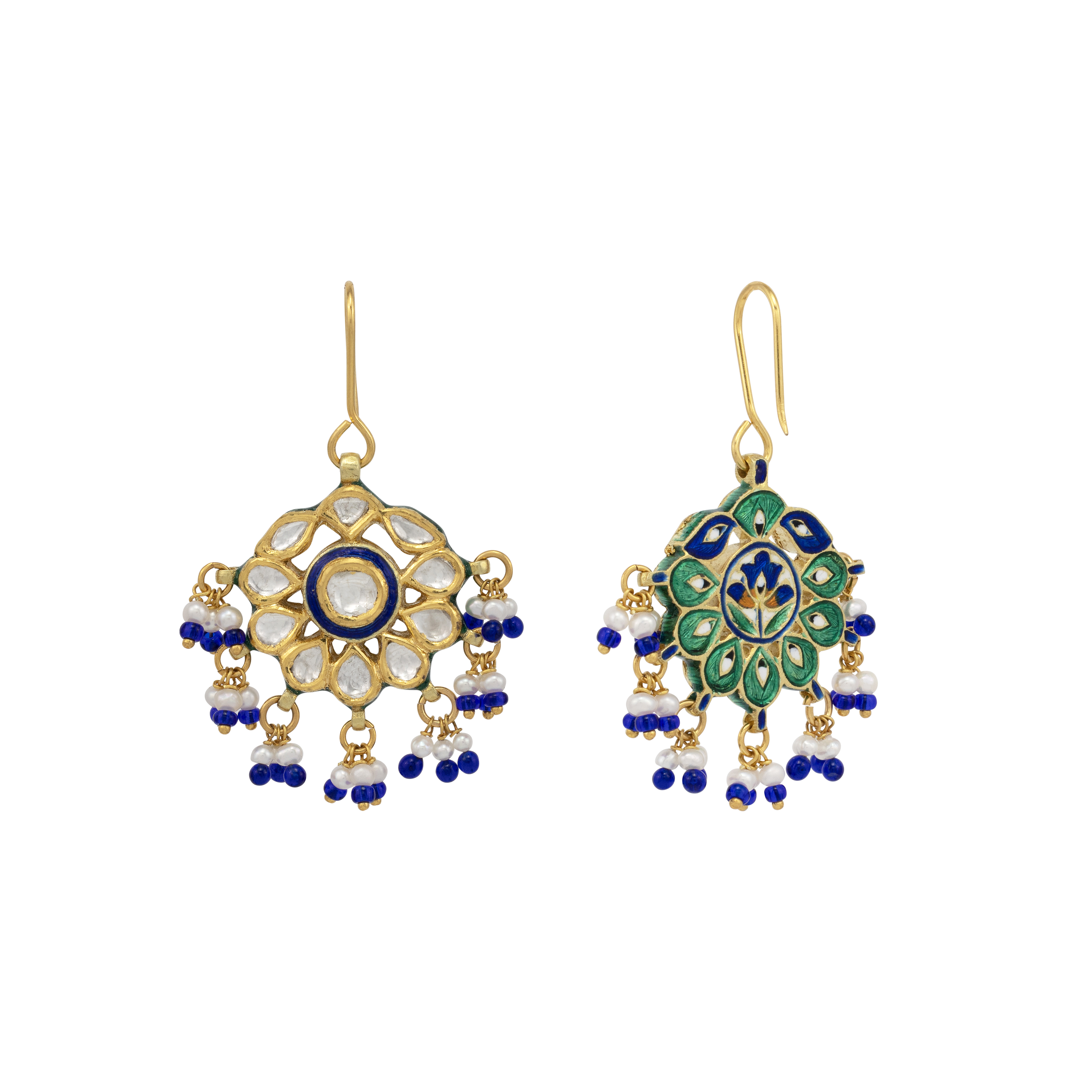 Polki Drop Earrings with Blue Enamel and Pearl Bead Accents
